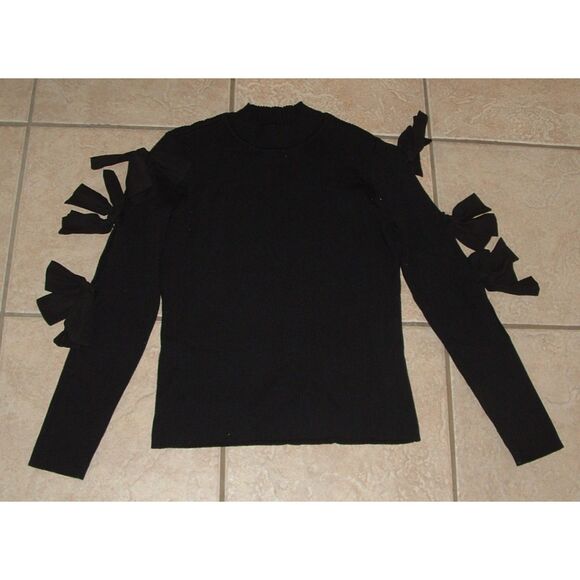 Black Sz Medium Casual or Dress Stretchy Ribbed Mock Neck Split Sleeve Sweater - Picture 3 of 4